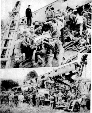 Britain's worst railway accident for some years. In the wreck of&the Scottish night express at Bourne End, Hertfordshire, the casualties were more than 40 killed and at least 200 injured. In the top picture injured passengers are being brought out by American soldiers who were in the locality. Below, a general view of the wreckage. (Evening Post, 27 October 1945)
