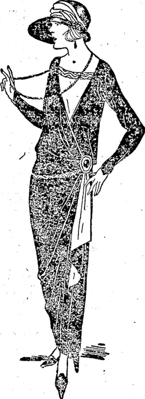 1 Whether or not Pan's has discarded the V shaped decolletage it a question. Womei like it too much to give It up: In the mode —a draped gown of nigger "marocain"—thi coutruriere responsible emphasises the V, and pf course, adds a little vest; which in thi! instance has been carried cut in red mcua selfne flecked with silver threads, tha sami coloured mousseline liming the draperies which are held together at the sides with ar enormous plaque of coral and black Jet. (Evening Post, 03 February 1923)