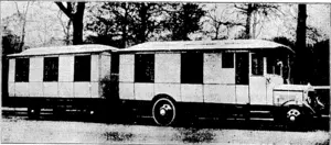 The very latest in otor caravans, a "flatavan," has been designed and built to the special order of the late Maharajah Scindla of Qwalior, and has been shipped to India. Nearly £3000 has been spent on the elaborate fittings, and within the two compartments which are connected like an express train, sixteen persons can dine and sleep. The interior resembles a first-class cabin on a liner, the sleeping bunks being turned into divans during the day. The picture shows the exterior of the "flatavan," with the two compartments "joined together. (Evening Post, 14 August 1926)