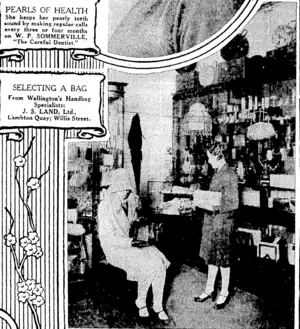 SELECTING A BAG From Wellington's Handbag Specialists: J. S. LAND, Ltd., L'ambton Quay; Willis Street. (Evening Post, 20 July 1928)