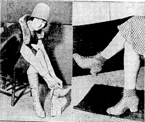 Sport and General, Photo. On the left, the latest thing in elastic gaiters, a splendid protection to silk stockings during wet weather. Patent metal fastenings make them easy to put on, while the marble-like ornamentation brings brightness to a gloomy day S2 * ciT'Bhtl th.? V"3. neWBSt thin 9 in rubber over-boots, or bootees, for ladies' wear, showing that the vogue for checks has spread to footwear. They are a cross between a shoe and a boot, made in imitation snake skin, with black and white check ornamentations. (Evening Post, 18 May 1929)