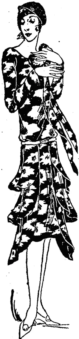 Georgette flown in wood-green colouring patterned in flowers of tho style order. The skirt is made in "Pagoda" form, and has three flounces on either side with a scarf of the same material. (Evening Post, 18 May 1929)