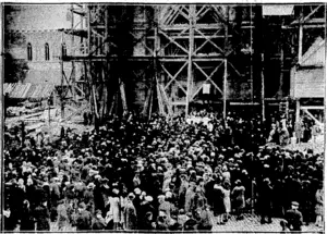 Daily Mirror" Photo. YPRES CATHEDRAL OPENED.—It has taken over seven years to build Ypr.es Cathedral, ivliich was destroyed-during the ivar and has been built on.the old site. The photograph shoivs the crowd outside . the Cathedral oil 13th April, when it' Was officially reopened^, (Evening Post, 21 May 1930)