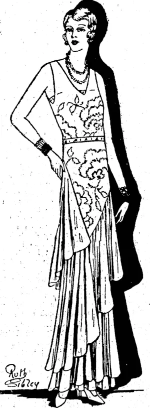 Graceful evening gown, in pale pink chiffon'embroidered in shades of pink and mounted over a silver lame slip and silver lame belt. (Evening Post, 14 June 1930)