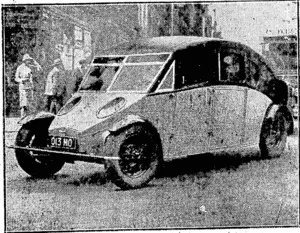 Sport and General" Photo. NEW SHAPE FORA MOTOR-CAR.—A stream-lined car of strange i appearaiice, which lias been designed by Sir, Dennistoun Burney, ' builder of Airship RlOO, and which was seen in ihestreels.of London recently. It is called the "Burney Streamline" Jha design abolishes head-wirtd.resistance as far as possible, the engine being placed at the rear of the car,-which helps towards the elimination %i noise as well as heat and fumes, making the. interior pleasantly ■■■>.: cool and silent. ■'.' (Evening Post, 25 October 1930)