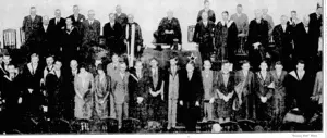 OPENING OF THE NEW SCIENCE BUILDING AT MASSEY AGRICULTURAL COLLEGE (PALMERSTON NORTH) BY LORD BUJ)ISLOE.-Picture taken m the Assembly Hall %fter^ °P™™S ceremony. On stage, front row, from left, Mr>G: Shirtcliffe, Professor W.Riddet, Hon. E. A. Ransom {Minister of Public: Works) Mr. J. A. Graham .{Mayor of PamerstonNorth),HisExcdlen^he Governor-General {Lord Bledisloe), Sir George'Fowlds {chairman of the College Council), the Prime Minister {the Right Hon. G. W.Forbes)-Professor G. SPeren {principal Massey College), Mr R A.'tippincon {architect), Mr. A. Fletcher, Mr. P.Levi. At the back, second from the left, is Mr. J. .Linldater, 'M.P., next to whom is Mr. J. A. Nash, M.P., and then Dr. C. 1. Reakes {Duector-General of ■. ' ,'■.'.■ .-.' ■ '■■■■.■. '•'■>. ' :' Agricul'"™^ (Evening Post, 01 May 1931)