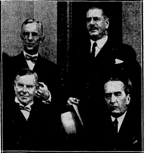 Evening Post" Photo. OTTAWA DELEGATES MEET.—Leaders of the New Zealand and Australian delegations "met at Auckland yesterday, and leave to-day by the Aorangi for Vancouver, en route to Ottawa. In front, the Hon. W. Downie Stewart (left) and the Right Hon. S. M. Bruce, leader of the Australian delegation. At bach, the Hon. H. S. Gullett, Australian Minister of Trade and Customs, and the Right Hon. J. G. Coates: (Evening Post, 28 June 1932)