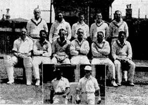 Evenlne Post" Photo. TOWNv. COUNTRY CRICKET AT THE BASIN RESERVE.-?^ Town team Mich took the field against a Country XI at the Basin Reserve this morning. Back row, from left, C. Parsloe J R TZ^is CS D T' ?• RTwn°Ok- Sred> LA- R- B. Griffith A. Moms, C. S. Dempster (eaplain), W Duslin Inset, Bullock-Douglas (left) and Cameron, ivho ,- opened for the Country team. (Evening Post, 14 December 1932)