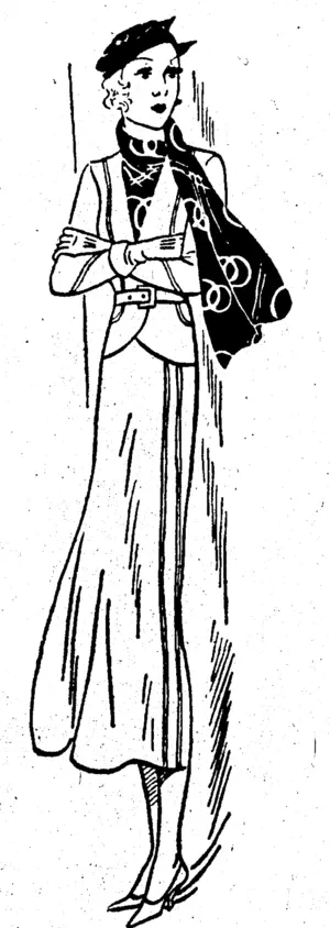 The tailor-suit with a swagger cut continues to carry all before it. In our model it is made of bright beige crepe-de-chine with a hip-length coat and much fine tailoring. The scarf—which matches the vest—is in scarlet crepe-de-chine, with a bright beige pattern. (Evening Post, 06 May 1933)