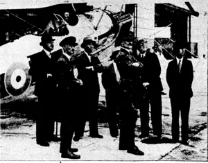 CHINESE WAR LORD. IN ENGLAND.—MarshaI Chang Ilsuch-liang and'his sons at the Royal Air force'station at Biggin Hill, Kent, oii August 3, to inspect aircraft and the establishment. The Mar' shal is second from the left, one of his sons being on the right. The officers in uniform are Wing' ■Gpnimander, Willcpck^■qndi:Sqitqdrgn,-Leadc^-Crowe, who accompanied;, tfie. visitors pit lheirA inspection^ (Evening Post, 12 September 1933)