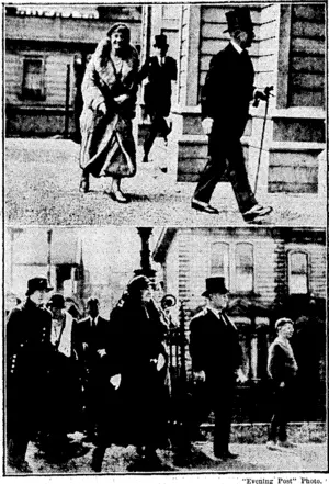 PARLIAMENTARY CHURCH SERVICE AT ST. JOHN'S.—Their Excellencies the Governor-General and Lady Bledisloe (at top) entering St. John's Presbyterian Church yesterday morning. Below, the Prime Minister, and Mrs. Forbes and their daughters arriving for ■ < the service. (Evening Post, 25 September 1933)