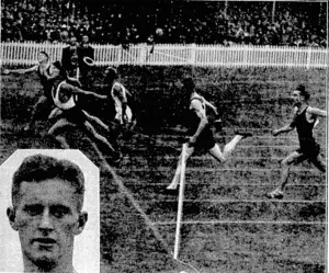 Green and Haha Photo. ATHLETIC CHAMPIONSHIPS.—The finish of the hundred yards final at the New Zealand 'Amateur Athletic Championships at Christchurch on Saturday. Left to right, J. B. Macfarlane, Canterbury, 1; L. G. Gordon, Canterbury, partly obscured, and A. J. Elliot, Auckland, Jead heat, 2; V.Walker, Auckland, 4; C. H. Jenkins, Wellington, 5; J. H. Murphy, Canterbury, 6. Inset: A. T. Anderson, tvho established a new Dominion record for the■ 44C[yards hurdles. ' ■ (Evening Post, 13 March 1933)