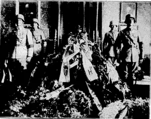 Sport and General" Photo. THE PASSING OF GERMANY'S GREAT FIELD-MARSHAL.—The bddy of -the late "Marshal Hindenburg, President of Germany, lying in state in,his study at Neudeck Castle on August 6. Officers . ' oj the German_Armyforjned the funeral guard, , ~ , – (Evening Post, 11 September 1934)