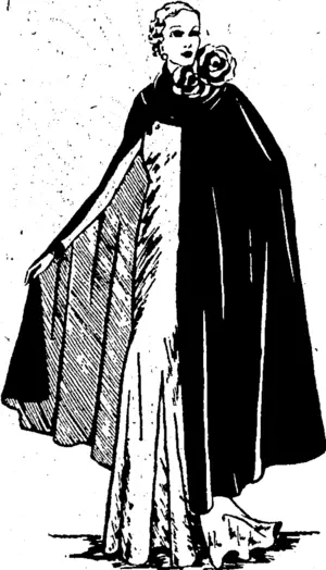 The romantic air of the long velvet cloak for evening wear is particularly , appealing .in this model. of ■:. rust-red velvet,, loom "over*a gold lame dress. (Evening Post, 22 September 1934)