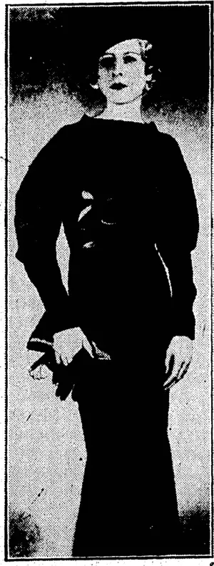 WITH THE NEW BOAT-SHAPED NECKLINE —'A beautifullyrestrained frock in dull and lustrous satin by Bruyere. Tlie full curve on the upper part of the Sleeve helps to emphasise the slenderness of the skirt, which shows the new nipped-in line just above the knees. / (Evening Post, 29 December 1934)