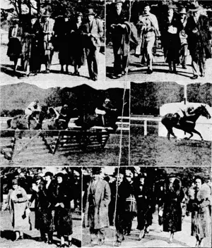 Evening Post" l'liolo. FINAL DAY "AT TRENTHAM.—Some views taken at Trenlham today 'when the Wellington Racing Club concluded its Winter Meeting. In centre, finish of the Talavera Hurdles, (right), with Debul ivinning and the others out of the picture. On the left,, a portion, of. the field jumping the fence opposite the. grandstand, Debut being ahead and \wt showing. The other pictures show visitors arriving.at Trcntliain jorthe day's'racing. , ■ ■ (Evening Post, 13 July 1935)