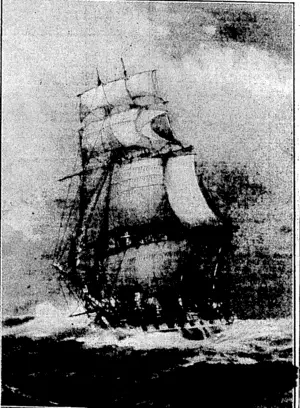 AT TOP SPEED.—The clipper ship Marco Polo heading south before a strong breeze. From the painting by Frank Mason, R.I. (Evening Post, 28 December 1935)