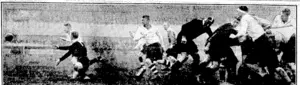 Sport and General" Photo. ALL BLACKS IN SCOTLAND.—Corner gets the ball away from the scrum during the match against North of Scotland at Aberdeen on November 27. New Zealand ivon by 12 points to (?. * ' ' ■ .■'.'.' (Evening Post, 28 December 1935)