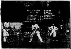 Evening Post" Photoi LOOKING BACK AT HIS LOST WICKET.-,-/. Hardstaff, the Notts colt with the Jf.CC. team,, looks down at his wicket after being clean bowled by Newman when his score was only 10 in M.C.C.'s first innings against Wellington at the Basin Reserve. ' (Evening Post, 28 December 1935)