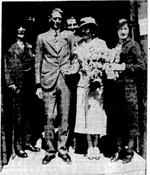 MARRIED AT OTAKI.—Two pioneer families were united when Miss Rosamond Harper ivas married to Mr. Selwyn Had field at the historic church at Otaki. From left, Mr. Arthur P. Harper, the bridegroom and bride, and Miss Anne Blakiston. At back, Mr. R. G. Choi field. . . (Evening Post, 20 October 1936)