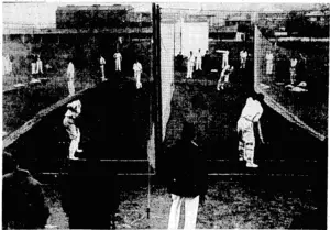 Sport .ami General" Photo. The New Zealand cricket team at the nets at Lord's on May 4. J). A. R. Moloney is batting on the left, and A. W. Roberts on the right. (Evening Post, 27 May 1937)