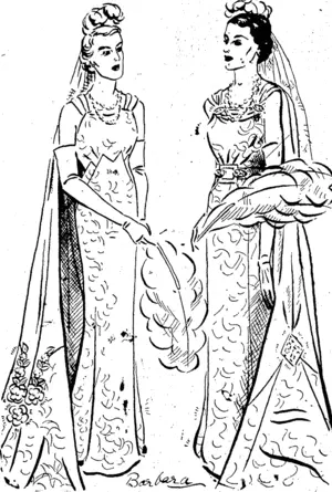 These frocks were ivorn by New Zealand ladies who were present in London at the Coronation. Mrs. Jordan, tvife of the High Commissioner, wore the frock on the right, and Mrs. Waller Nash, wife of the Minister of Finance, that on the lefy. (Evening Post, 27 May 1937)
