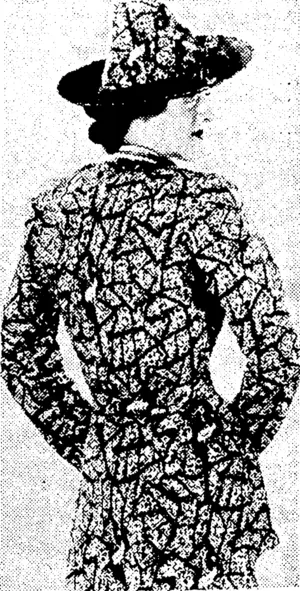 Sport and General" Photo. A midli-coloured tunic coat, with fitted waistline and fluted basque. The crown of the sombrero-like hat is in printed woollen material and black straw to match. (Evening Post, 05 June 1937)