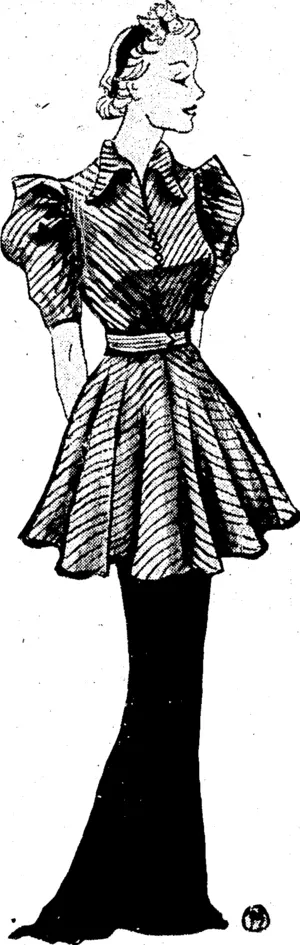 gold cord, the waist with two. Jewelled discs are the only fastenings, one at the neck, one at the waist. THE NEW TAN. The new tan. worn surprisingly over spinach »reen, was of lovely Bonriyface satin and heavily corded at inch spacings on the round yoke, the large I (Evening Post, 05 June 1937)