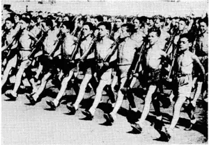 Sport and-.General'; Photo. '4 world warming. On'August 7[4500 boys, stripped lo the waist, and carrying rifles, marched past Si gnor Mussolini at ■ the • , : ' . Forum in Rom*. .• • (Evening Post, 03 September 1937)