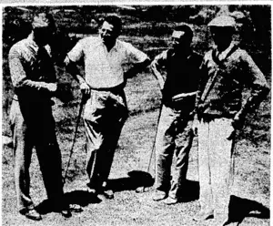 Evening Post" Photo. Four-Sof the; players who yesterday took part in the – tournament of ex-servicemen'on 'the Miramar, links. From left, Colonel ?■■ W. F. Stilwell, Mr.'iW.lL.'-Burch, Mr:- Jsß. Parker, and Lieutenant-Colonel W.'H.'-Cunningham:.. The latter is chairman of the committee which organised the tournament. (Evening Post, 02 December 1937)