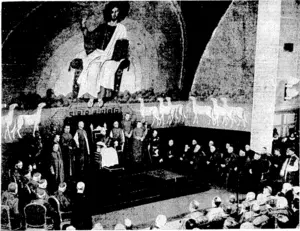 i , .'■ .T .... "Sport and General" Photo. The Pope, surrounded by members of the Pontifical Court and the Sacred > Collegetof'; Cardinals,- opening-the-Laterancse 'Athenaeum-at '■ San Giovanni, Italy, on November 5. (Evening Post, 02 December 1937)
