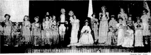 The crowning of the recently-elected "Queen" of the Roseneath School carnival took place in Kent Terrace Presbyterian Church hall on Thursday evening. The photograph shows the stage immediately after the coronation. (Evening Post, 18 December 1937)