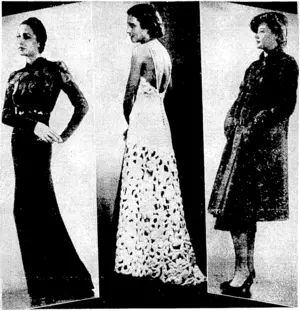 Sport and General" Photo. Three charming fashions from London. Left, a delightful dinner gown with hip-length bodice and high neck. The top of the bodice and sleeves are trimmed with silver sequins in various designs, the idea being extended to the belt. Centre, an evening gown in heavy white crepe, with quilled flowers forming an embroidered skirt of the slightly-shortened design. The embroidery is repealed in the brassiereshaped top. Right, a two-piece suit in blue-flecked tweed, with full three-quarter coal and skirt. A snug-fitting collar and the use bf American blue cloth buckles complete the outfit. (Evening Post, 18 December 1937)