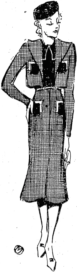 A suit in.light-weight ivoollen that promises to be smart for autumn wear is this in prim check with black and white patches for pockets and its only trimmings. (Evening Post, 18 December 1937)