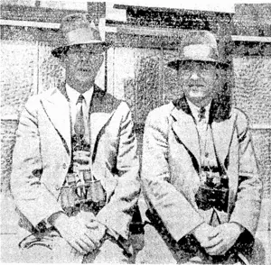 Two well-known South Island sporting commentators, Mr. F. A. Jarrelt (left), 3YA racing and trotting announcer, and now judge at the Forbury Park trots, and Mr. R. ("Whang") McKenzie, 4YA racing and trotting announcer and judge at the Oamaru trots. (Evening Post, 18 December 1937)