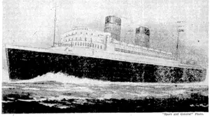 The Cwnard-White Star liner Mauretania, now being built at Cammel Laird's shipyard, Birkenhead, drawn by an artist from the architect's plans. The new ship will be over 750 ft in length, and have a gross tonnage of about 33,000. She will be launched by Lady Bates, wife of Sir Percy Bates, chairman of the Cunard-White Star Line, in January next. (Evening Post, 18 December 1937)
