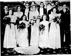The marriage took place at St. Luke's Church, Remuera, Auckland, recently, of Miss Joy Helen, youngest daughter of Mrs. Pearson, of Wellington, and the late Mr. Robert Pearson, to Mr. H. L Turnbull, youngest son of Mr: and Mrs. William Turnbull, of Wellington. Jrom left, Mr. K. Whitcombe, Miss Joan Wright, Miss Esme Pearson, bridegroom and bride, Mr. J. Pearson, Mr. E. Pankhurst, Miss Shirley Hart, and Mr. H. McKegg. The twin daughters of Mr. and Mrs. H. Moss, Anne and Elizabeth, are in front, on either side of the bride. (Evening Post, 12 January 1938)