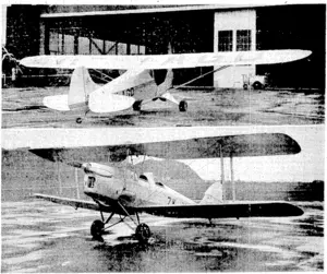 Evening'Tost". Photo. Two .light aeroplanes for training.purposes which liavr recently been adde)l to the fleet housed at Rongotai Aerodrome. 'At.top,,a – -Tty'lor "Cub" and below, aTigei Motk. (Evening Post, 24 March 1938)
