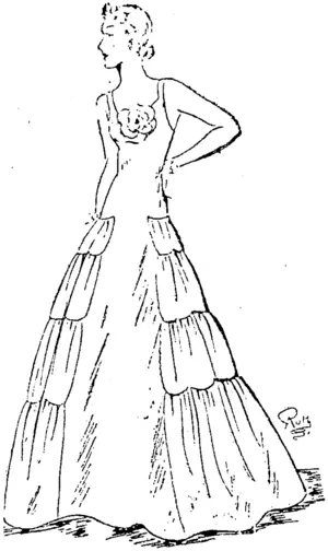 The picture gown takes on the long fitted lines to the hips. Duchess satin is. used for many of the newest models which suggest crinoline lines. (Evening Post, 26 March 1938)