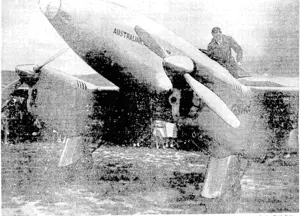 Flyin»-0 freer A. E. Cloimoa and the Comet machine in which ha broke the England-New Zealand and bach record. He arrived at a ' Croydon Aerodrome, London, on Saturday ajtcrnoon (Evening Post, 28 March 1938)