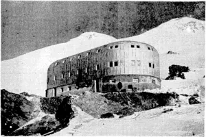 A new mountain hotel which is nearing completion on the slopes of Mount Elbrus, in the Caucasus, at a height of 4250 metres. It will be . equipped with electricity, water mains, drainage, and a most up-to-date form of central heating. (Evening Post, 05 May 1939)