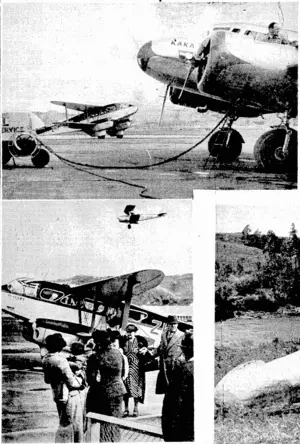 Aeroplanes are constantly coming and going from Rongotai, and the aerodrome provides a busy scene as travellers arrive and depart. At top, fuelling the Kaka before it left for Auckland at noon one day this iveek. Below, passengers being welcomed by friends on arrival from the South Island by the Mercury, (Evening Post, 06 May 1939)