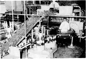 Evening Posf," Photo. Milk bottles which have passed through the new washing machine at the Municipal Milk Depot are seen passing along the automatic conveyer to the filling unit, after iv hich they pass under the capping machine, and so along to the crating department. (Evening Post, 18 May 1939)
