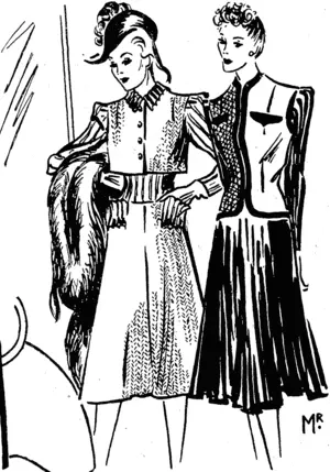 Two suits that use the combination of knit, fabric, and leather are shown here. The one on the left is of brick-coloured herringbone tweed, a fleck of gentian blue appearing in the wool from which the sleeves and waistband are knitted. The other suit uses leather in dawn grey and wine red against the sombre blackness of the knitted skirt. (Evening Post, 18 May 1939)