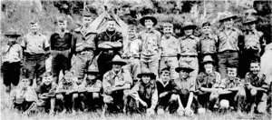 Members ofthe combined Kelburn, Northland, and Karori Scout troops, who have been in camp at Titahi Bay since Boxing Day. The camp is behind the Maori pa, in a picturesque bushclad valley. Scoutmaster Williams, of Karori, has charge of the camp. (Evening Post, 06 January 1939)