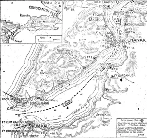 The above map, which is reproduced .from one authbrisea by the Press Bureau,' shows the western end of-the ��� Gallipoli Pen-insula and the famous ;i'Narrows" of the Dardanelles, with'the numerous forts which the Allies v-are riow^engaged m iattacKin^. The map shows two of the reported landing* places of the troops,,, which are indicated, hy arrowsj >. The British. laJidedr at Cape Helles and the Frei\ch-at Kutn Kale. The lino of'crosses4 about two milefi from -Cape Helles stibws/rdughly the position which the, British^are reported to have reached. The Allied forces. haVe , since occupied^ ;Jlaiabs! -:: . ��� ..: '-:���',^ i>.j.-----'x ! ������-i- ���- ���--������ ��� '^ '^?.. r';;"" ��� ;' (Poverty Bay Herald, 06 May 1915)
