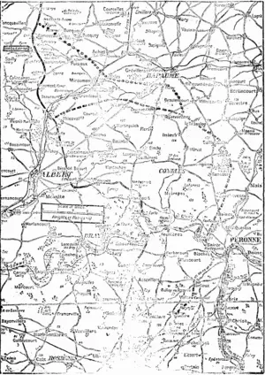 SCENE OF THE SOMME AND ANCRE;, OFFENSIVES. '��� ��� . ' ��� ��  The aboira map shows the region of the Somme offensive of last autumn, and its offshoot, the Ancre push. !  Which has-been in progress for tho last three or four-months. Tho continuous black line indicates apiSroxi- :  riiately the position.of the battle-front in this region when the Sonyne Offensive opened*on }st July*, 1916, and the��� .  broken line the extent of* the advance duo to that offensive. The dotted line in the north shows the area, partly '  won by the British offensive and partly abandoned by the Germans, since November. '' (Poverty Bay Herald, 12 March 1917)