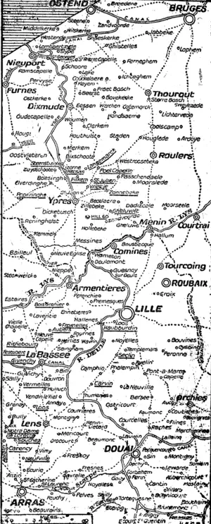 THE WESTERN FRONT, SHOWING THE T_EN__-ARIUS SECTOR IN WHICH THE LATEST AD VANCE HAS BEEiN MADE_ (Poverty Bay Herald, 16 April 1917)