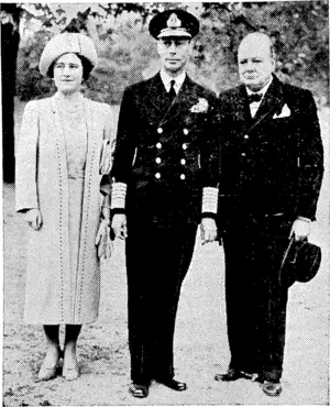 King George and Queen Elizabeth with Mr Winston Churchill, the Prime Minister, by their side, photographed in the" grounds of Buckingham Palace. (Rodney and Otamatea Times, Waitemata and Kaipara Gazette, 12 February 1941)