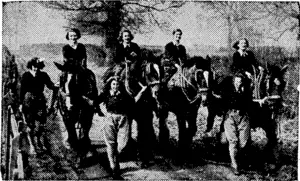The Ploughman Homeward wends his weary way"— Land girls employed on the London County Council's Survey farm return from a day's ploughing. (Rodney and Otamatea Times, Waitemata and Kaipara Gazette, 12 November 1941)